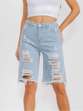 127 • Light Wash Distressed Women’s Jeans Shorts | DENIM BERMUDA SHORTS